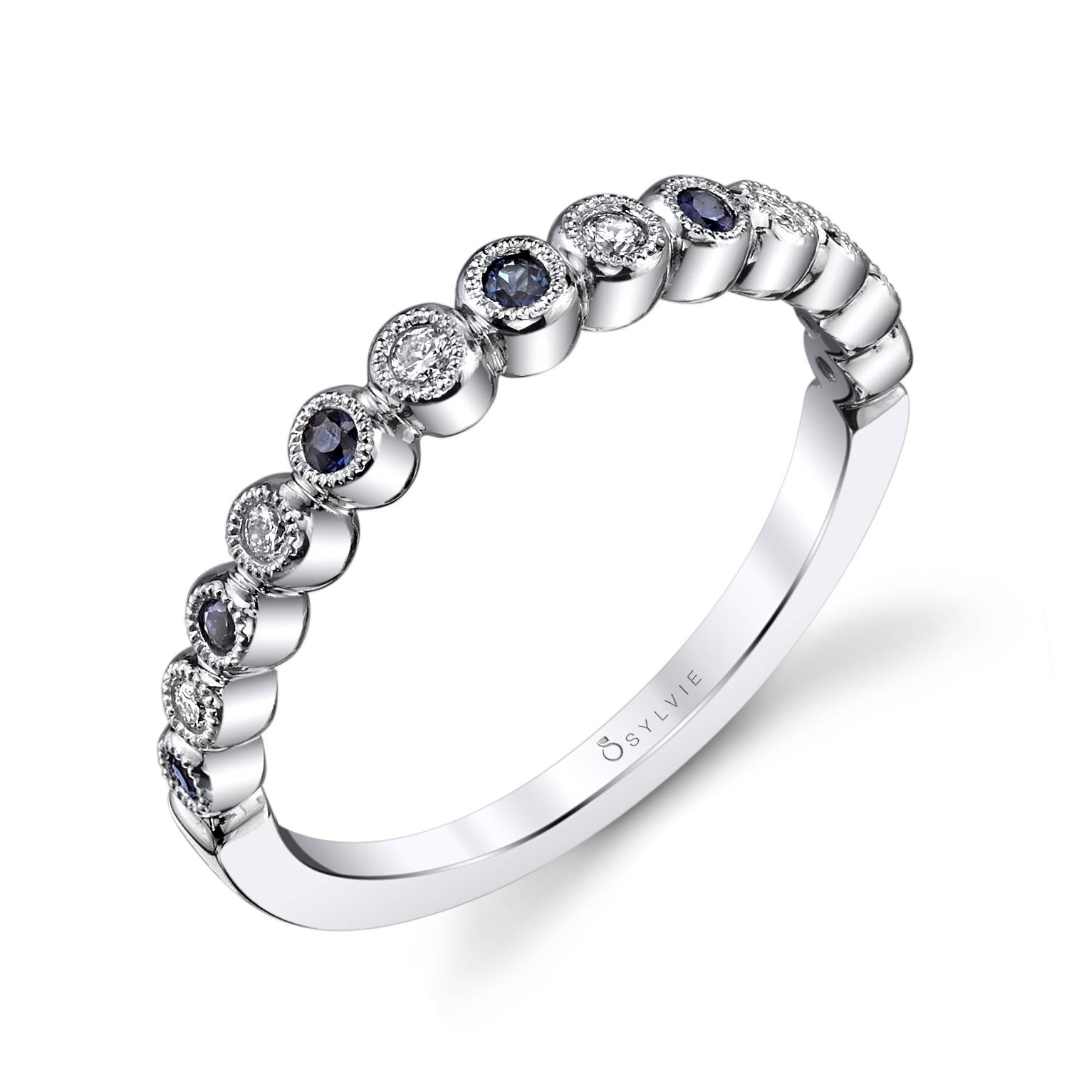 Béatrice – Round White Gold & Blue Sapphire Stackable Wedding Band