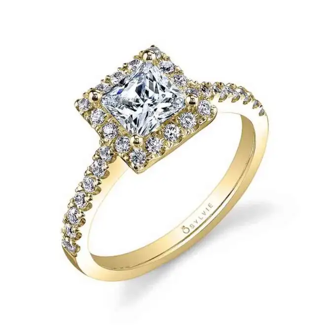 Cushion Cut Yellow Gold Princess Cut Engagement Ring with Halo