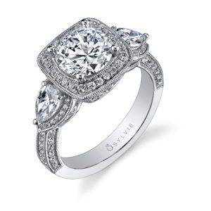 Vintage Inspired Three Stone Engagement Ring with Halo S1059S