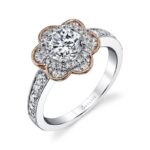 Adelia – Flower Inspired Halo Engagement Ring with Rose Gold Accents