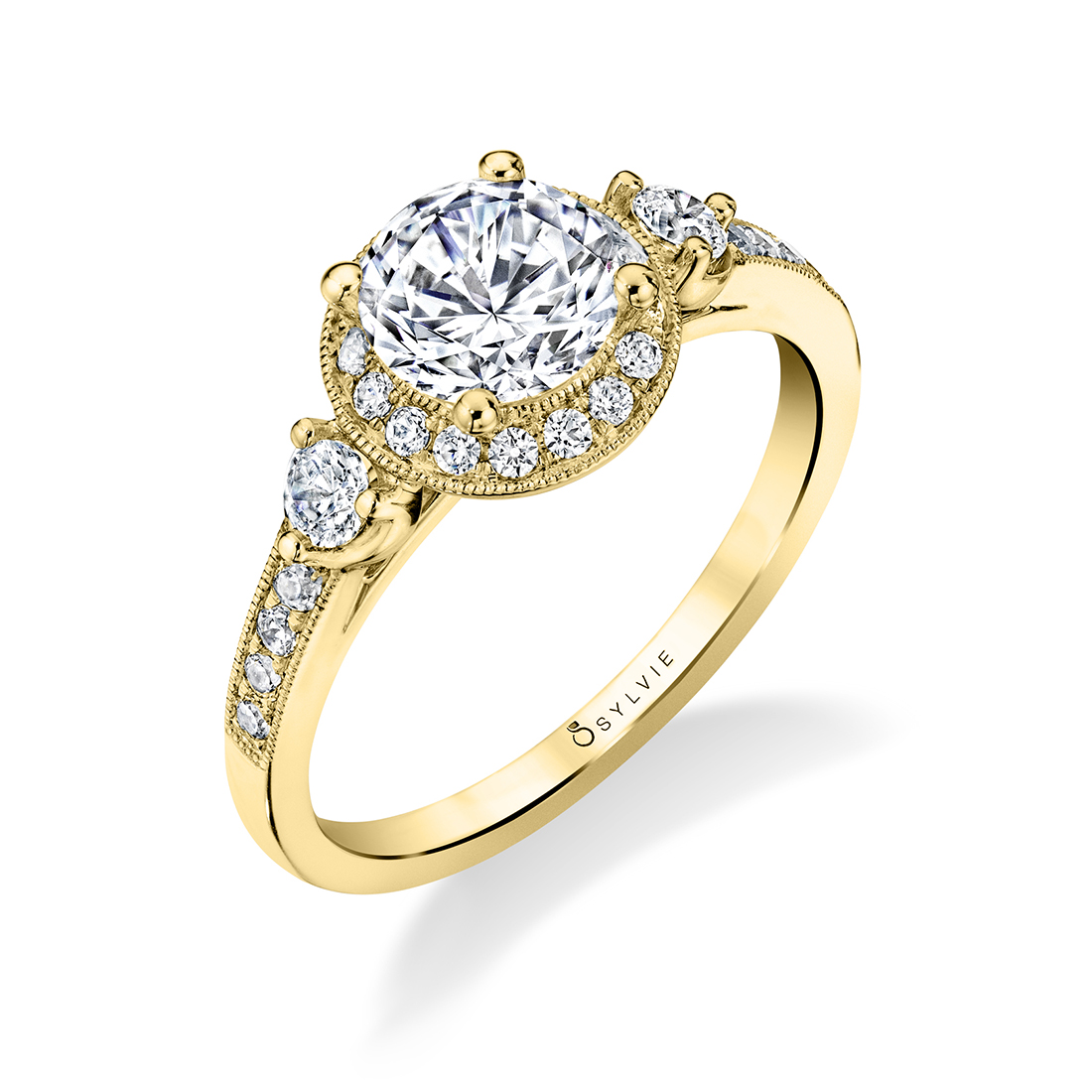 Three Stone Engagement Ring with Halo 