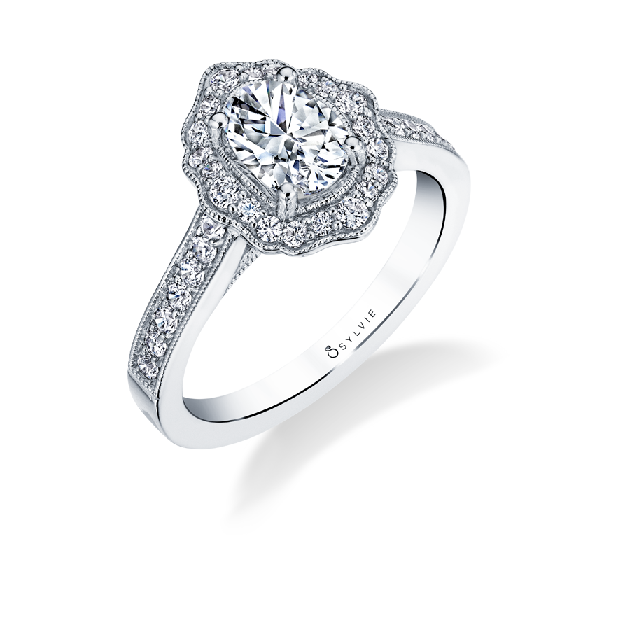 vintage inspired oval cut flower engagement ring S1727