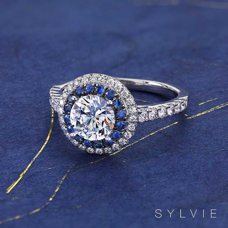 double halo sapphire and diamond engagement ring