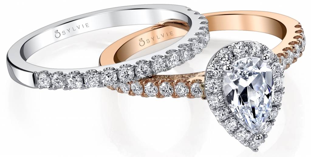 pear shaped halo ring and diamond wedding band