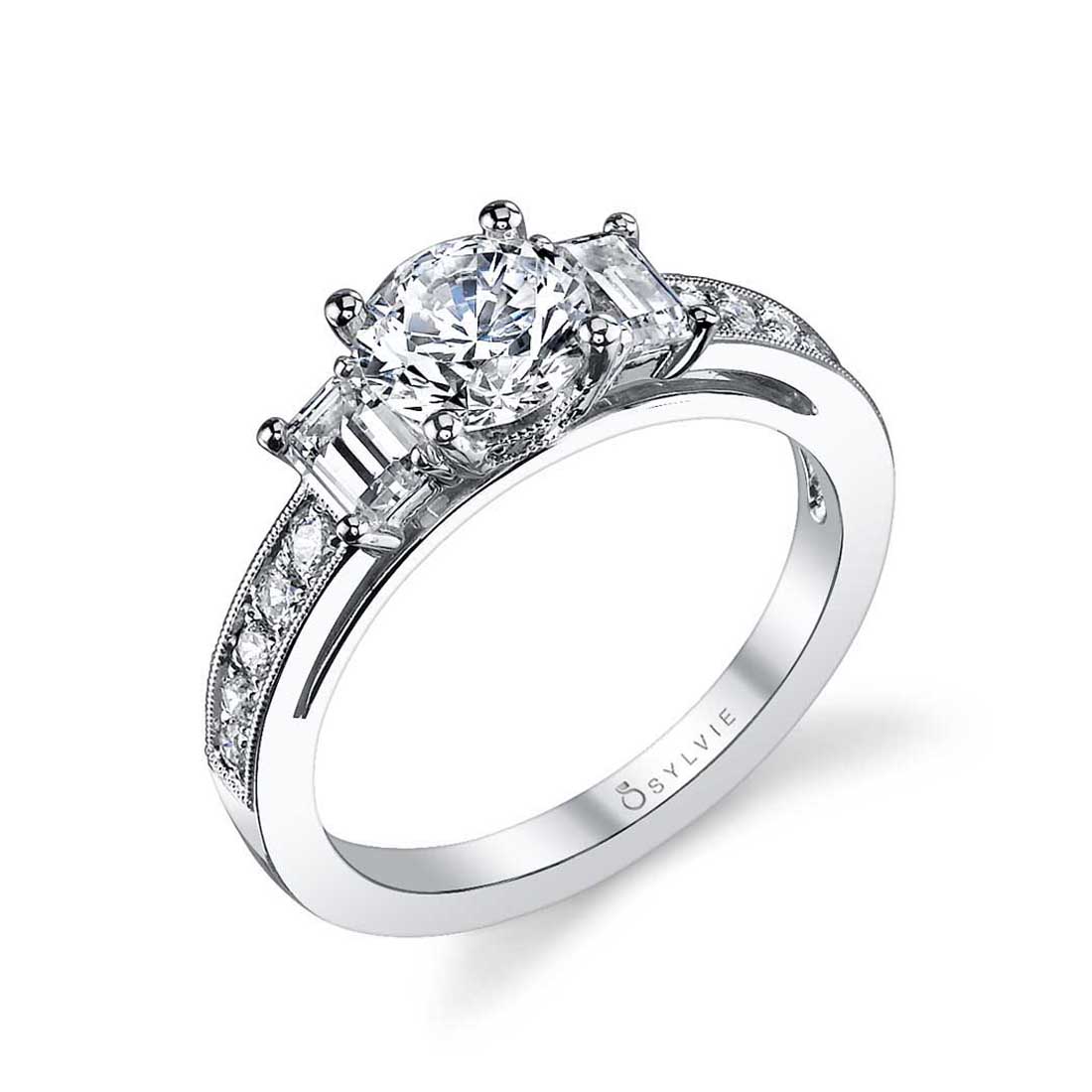 Three Stone Engagement Ring with Emerald Cut Side Stones