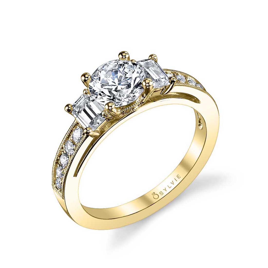 Three Stone Engagement Ring with Emerald Cut Side Stones