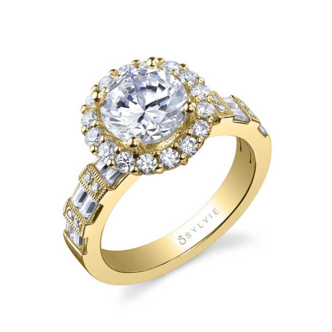 Round Halo Baguette Engagement Ring