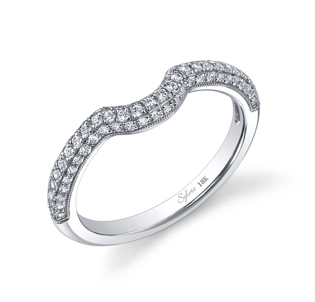 Curved Diamond Pave Wedding Band with Milgrain Accents