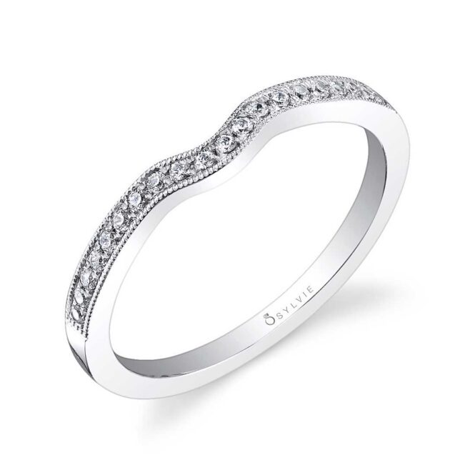 Curved Diamond Wedding Band with Milgrain Accents