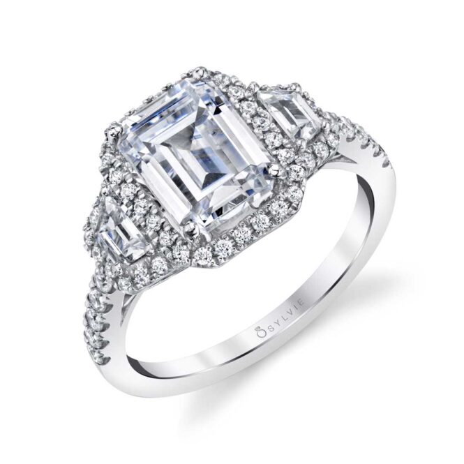 Emerald Cut Three Stone Engagement Ring with Baguettes