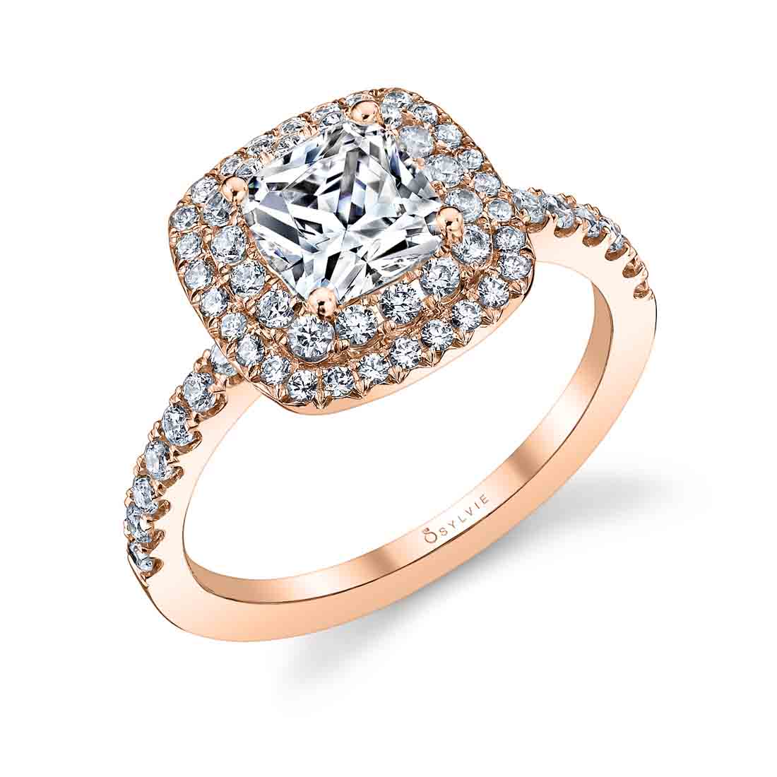 Claudia - Cushion Cut Engagement Ring with Double Halo in Rose Gold