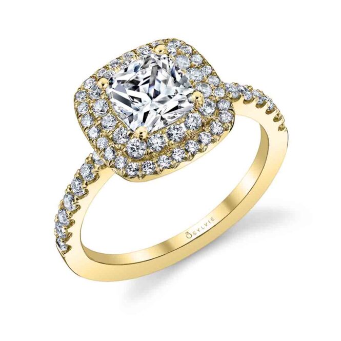 Claudia - Cushion Cut Engagement Ring with Double Halo in Yellow Gold