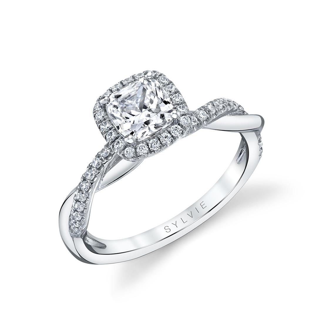 cushion cut halo engagement ring with spiral band