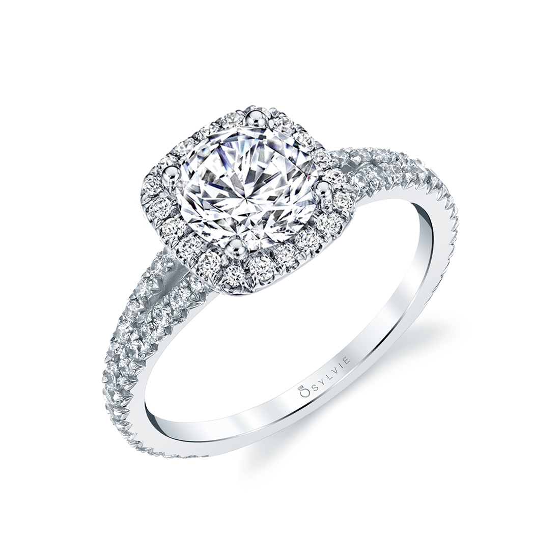 side view image of halo engagement ring with split shank