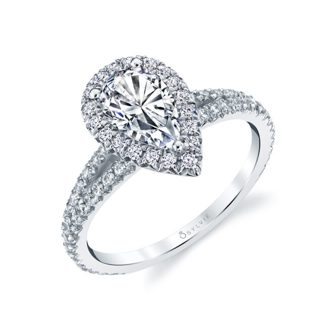 side view image of halo engagement ring with split shank