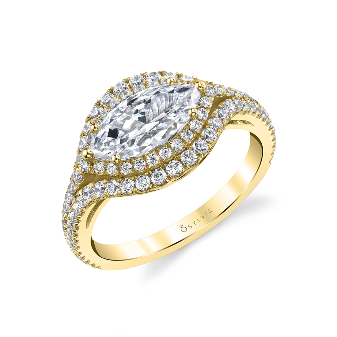 Marquise Shaped Ring with Halo in Yellow Gold - Eleanora