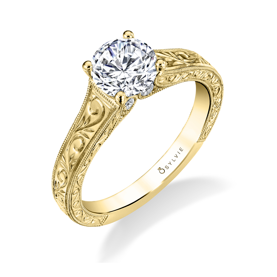 Hand Engraved Engagement Ring in Yellow Gold