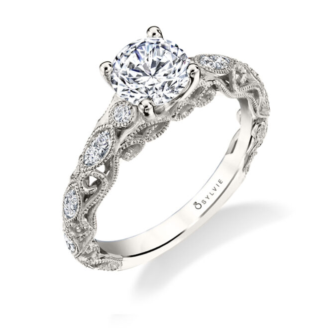 Vintage Engagement Ring with Intricate Scroll Work in White Gold - Viola