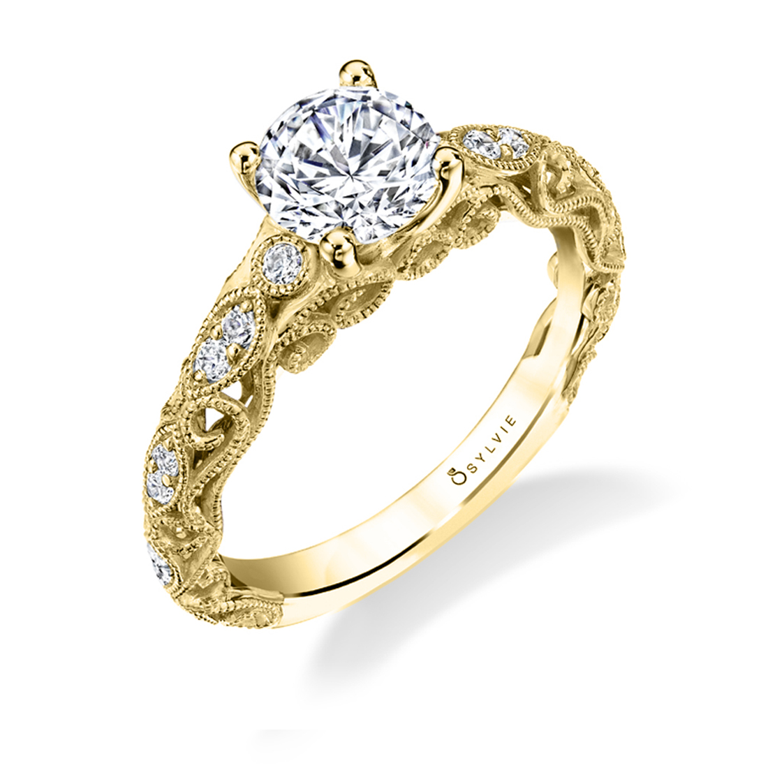 Vintage Engagement Ring with Intricate Scroll Work in Yellow Gold - Viola