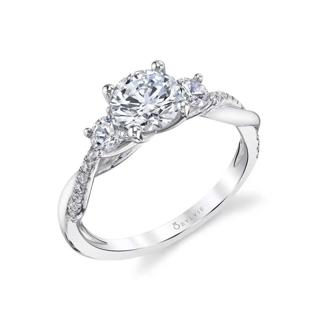 Side view of a 3 Stone Engagement Ring with Spiral Band - Evangeline - S