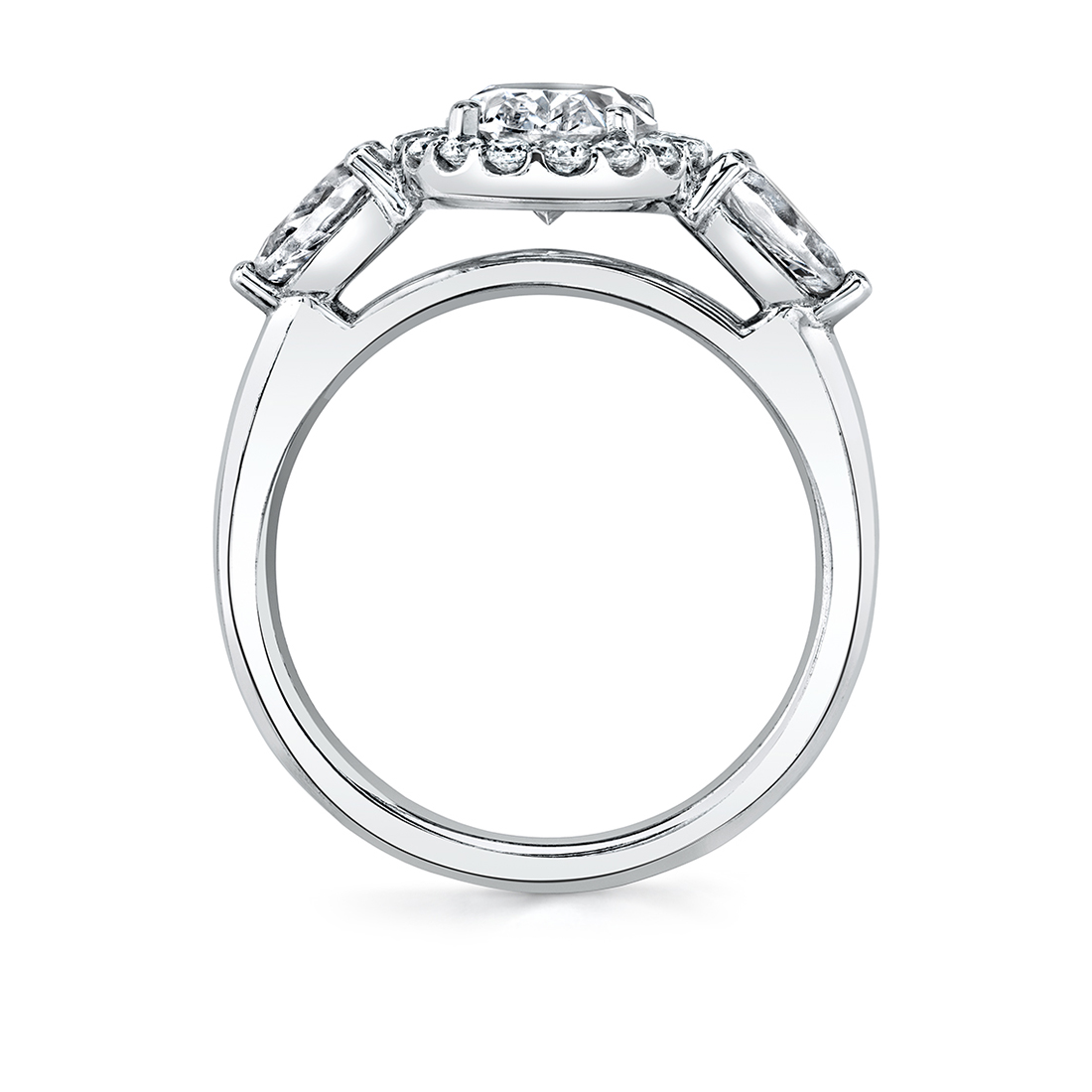 Side view of a 3 stone oval engagement ring with pear sides - Liilliana