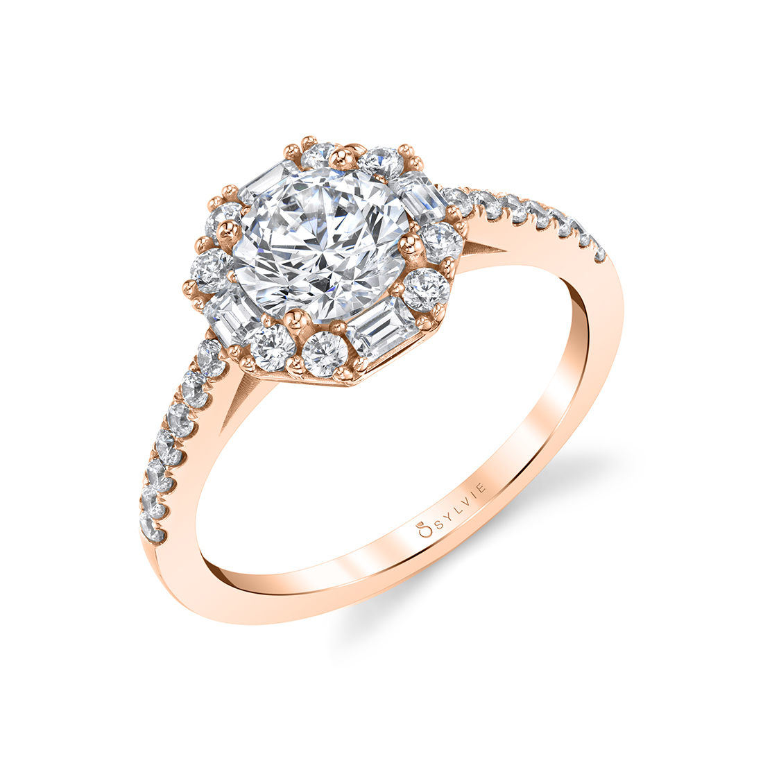 Baguette Halo Engagement Ring in Rose Gold