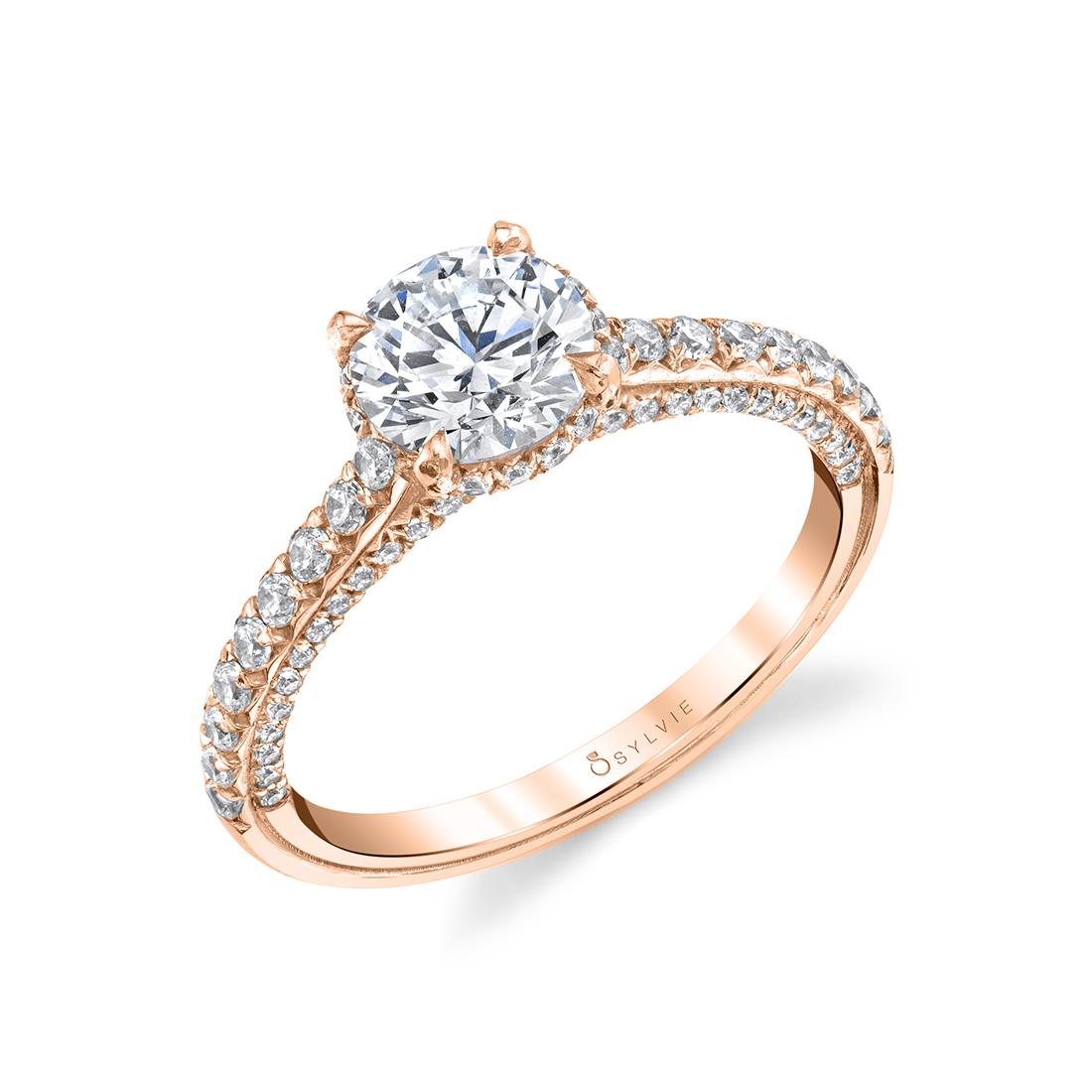 Rose Gold Hidden Halo Engagement Ring with Diamond Profile - Layla Ring