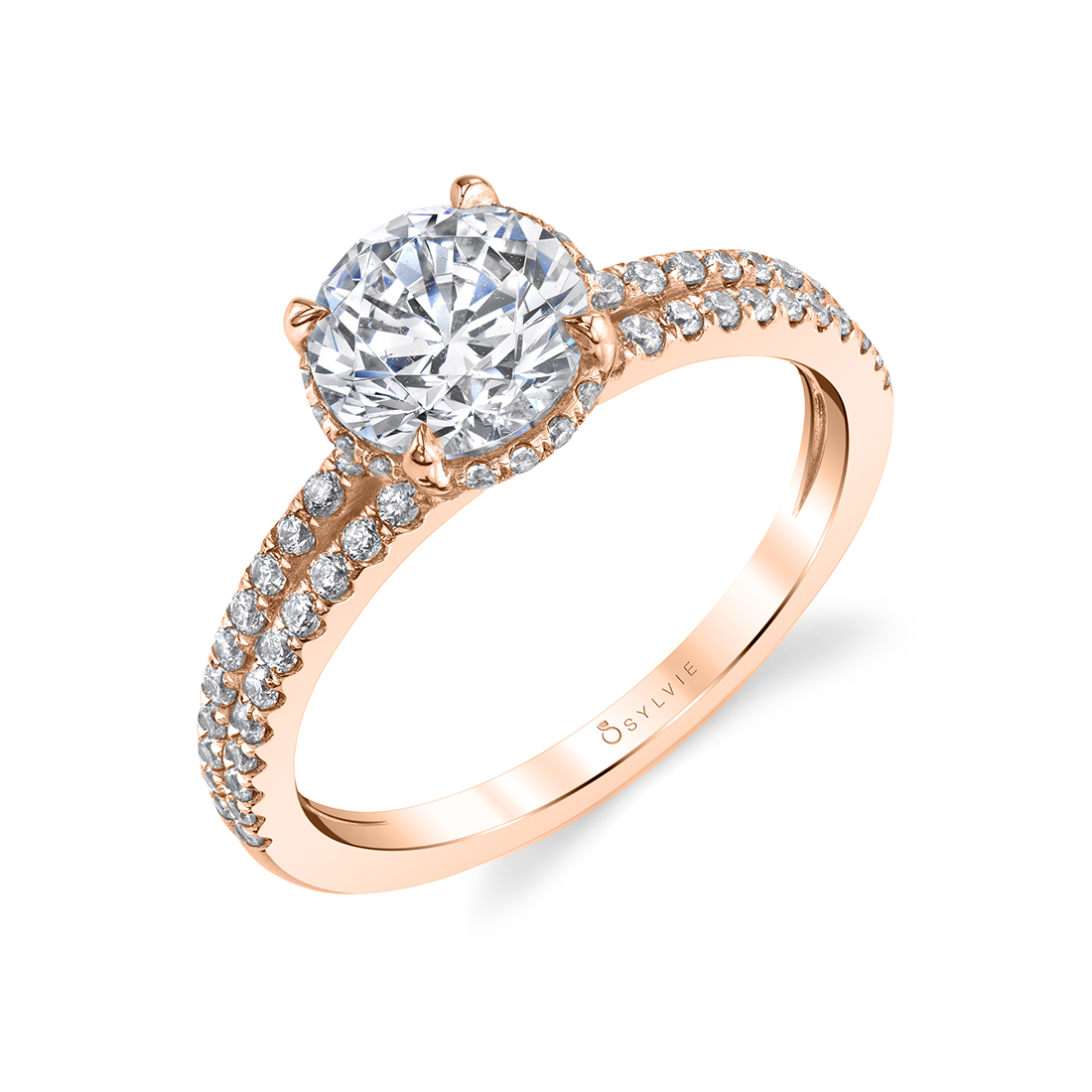 Rose Gold Hidden Halo Engagement Ring with split shank