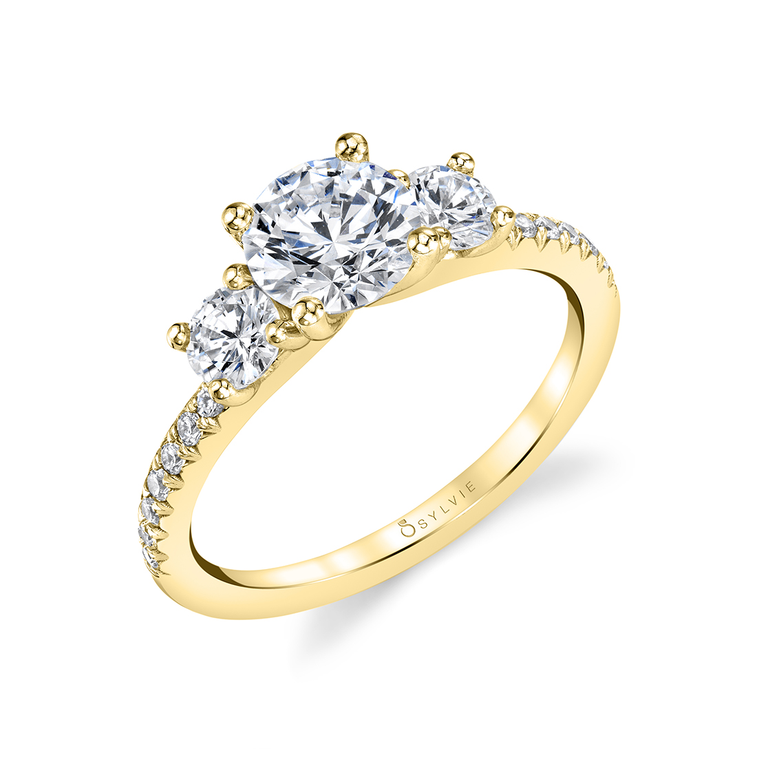 Modern 3 Stone Diamond Ring in Yellow Gold 
