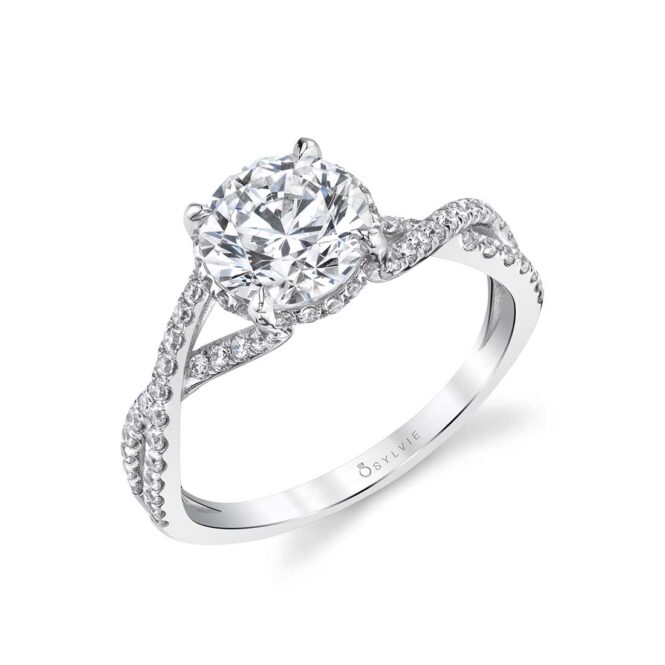 Twisted Engagement Ring with a hidden halo shown in white gold