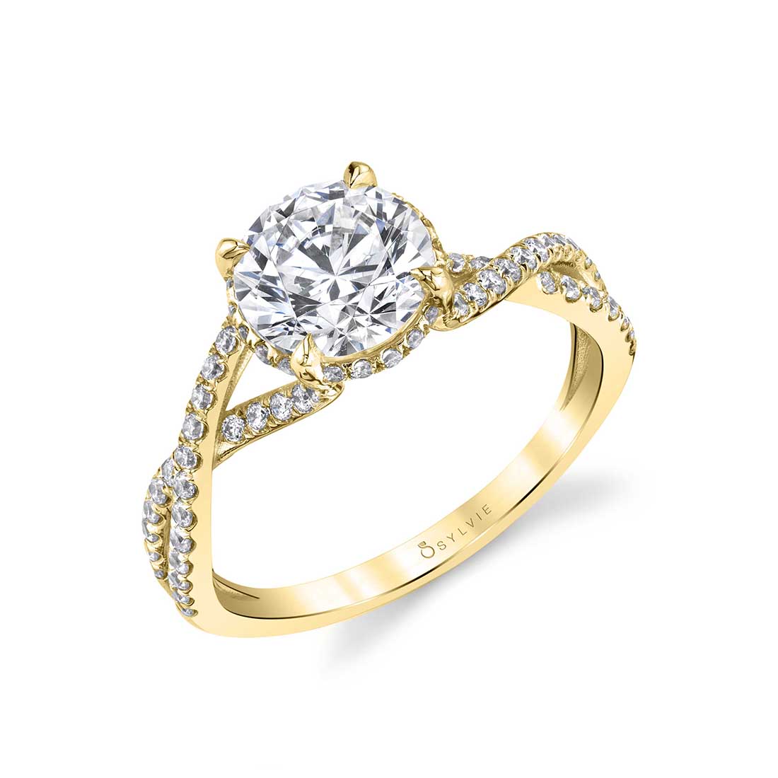Twisted Engagement Ring with a hidden halo shown in yellow gold - Agnia Ring