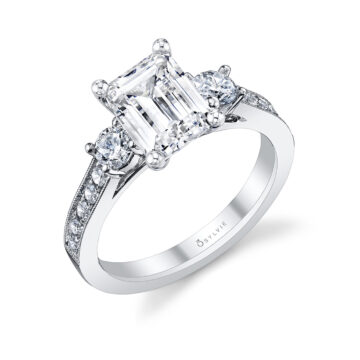 Emerald Cut 3 Stone Engagement Ring in white gold 