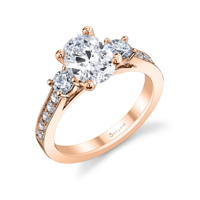 3 stone oval engagement ring in rose gold