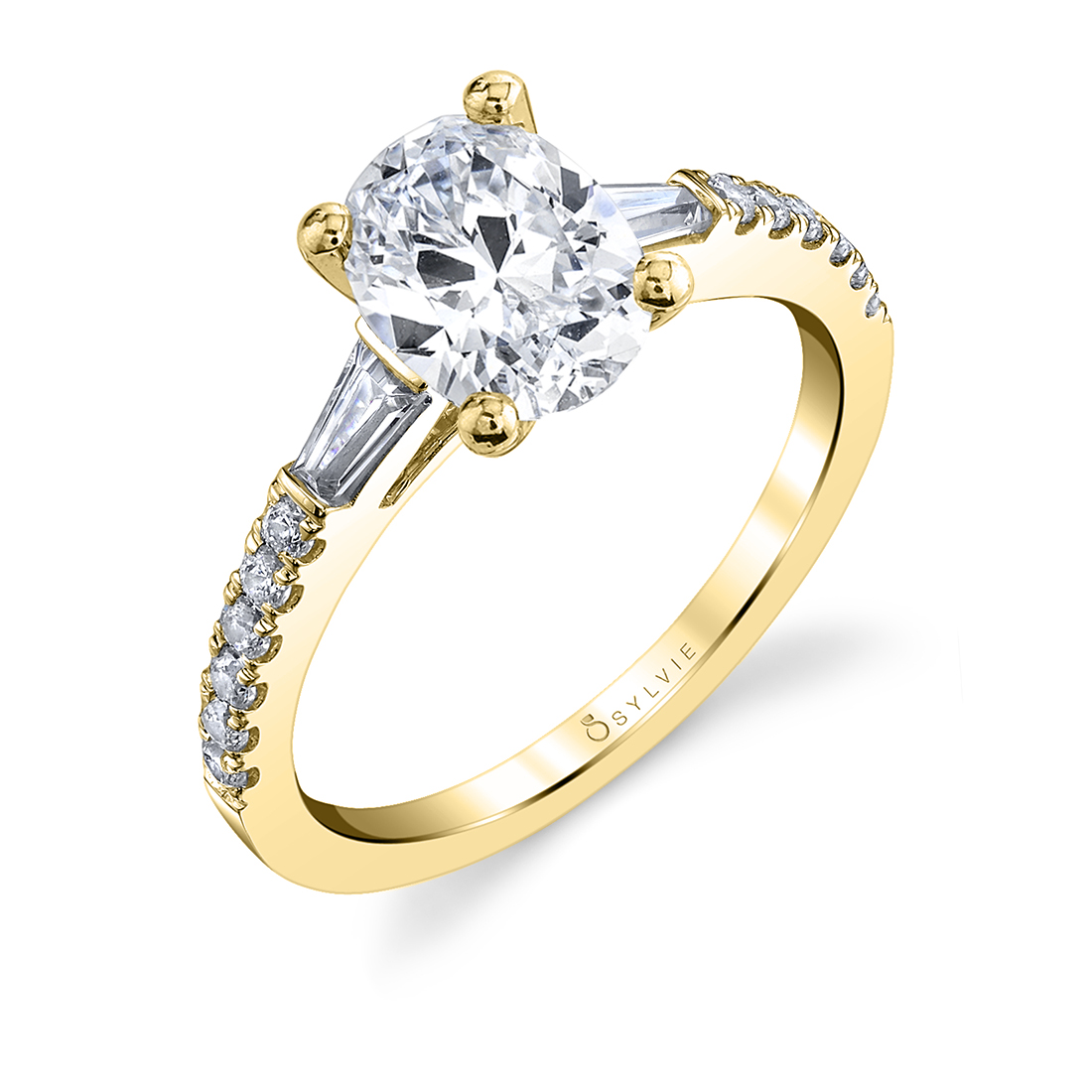 Oval engagement ring with baguettes shown in yellow gold