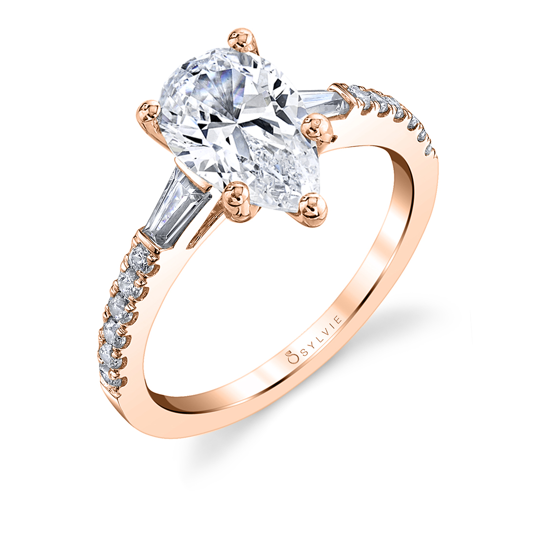 Pear Shaped Engagement Ring with Baguettes shown in rose gold