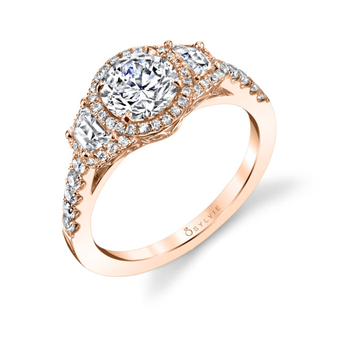 three stone halo engagement ring in rose gold
