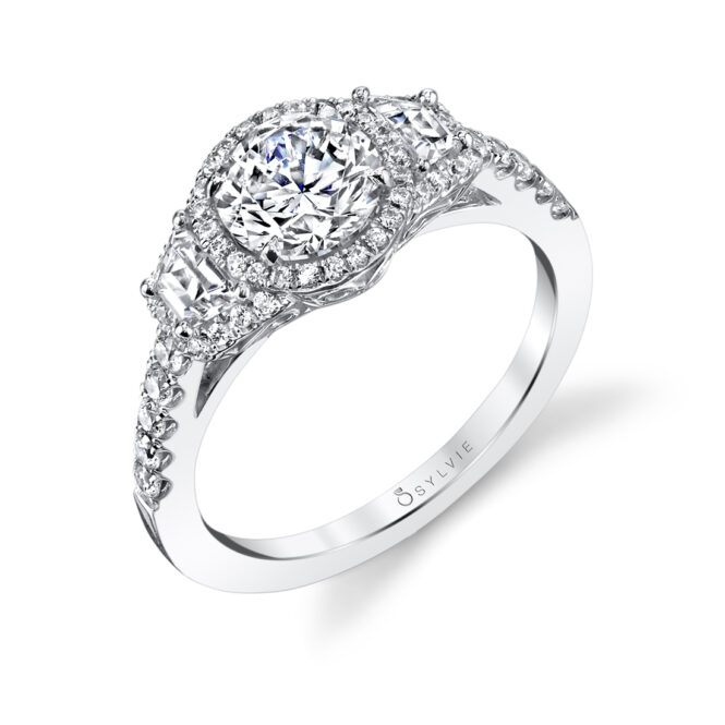 three stone halo engagement ring in white gold