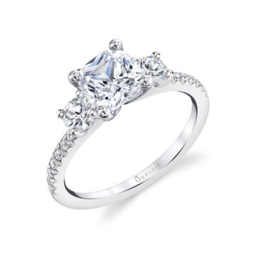 3 stone cushion cut engagement ring in white gold
