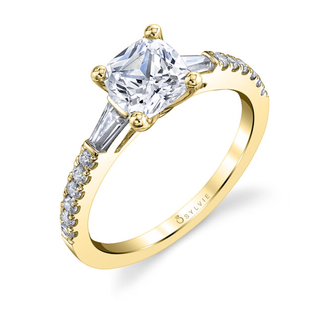 Cushion Cut Engagement Ring with Baguettes in yellow gold