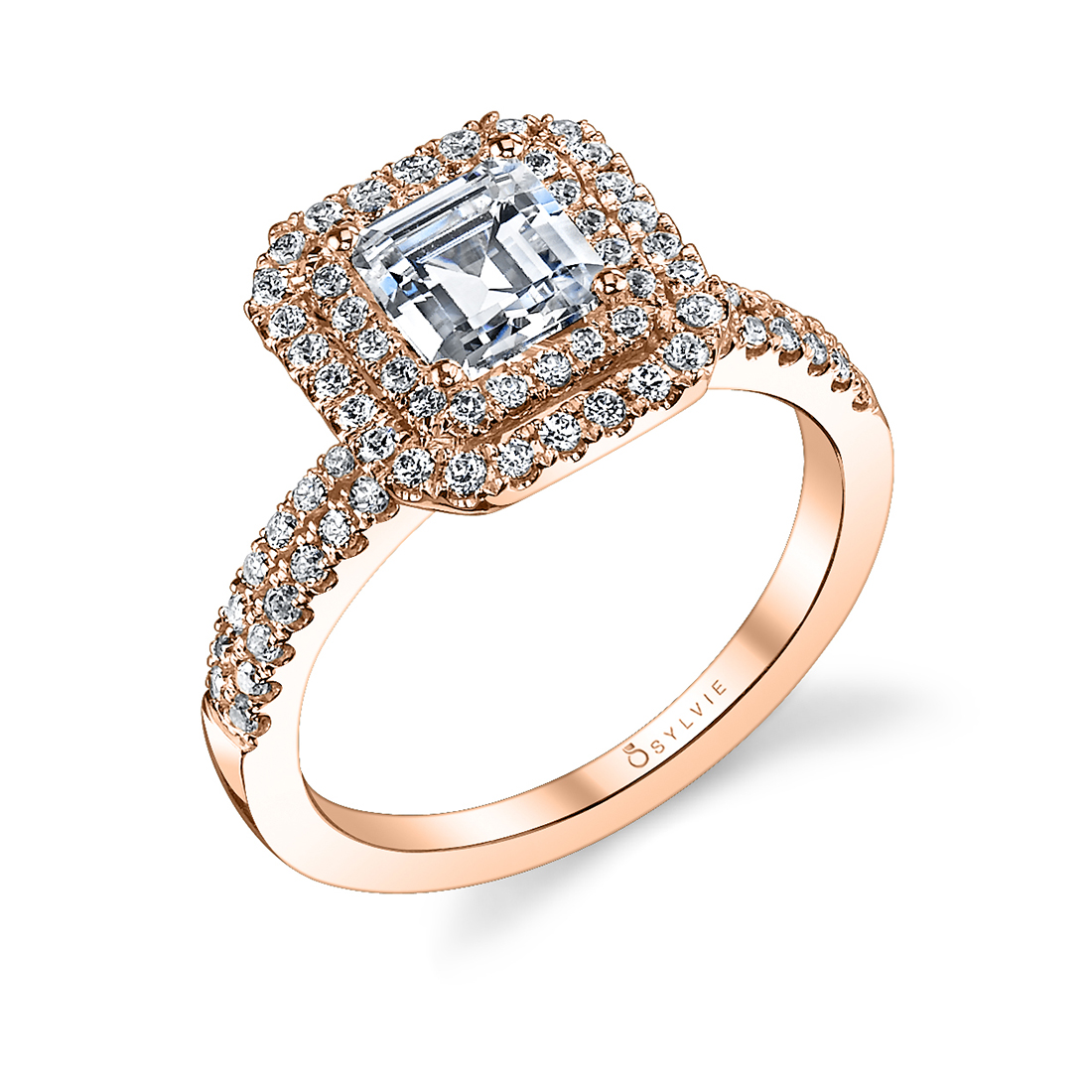 emerald cut double halo engagement ring in rose gold
