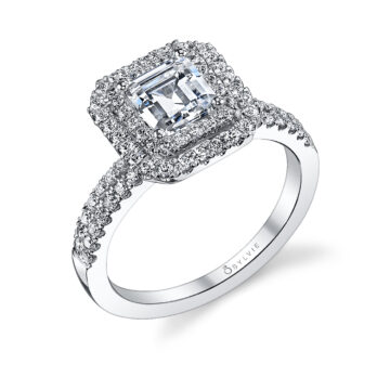 emerald cut double halo engagement ring in white gold