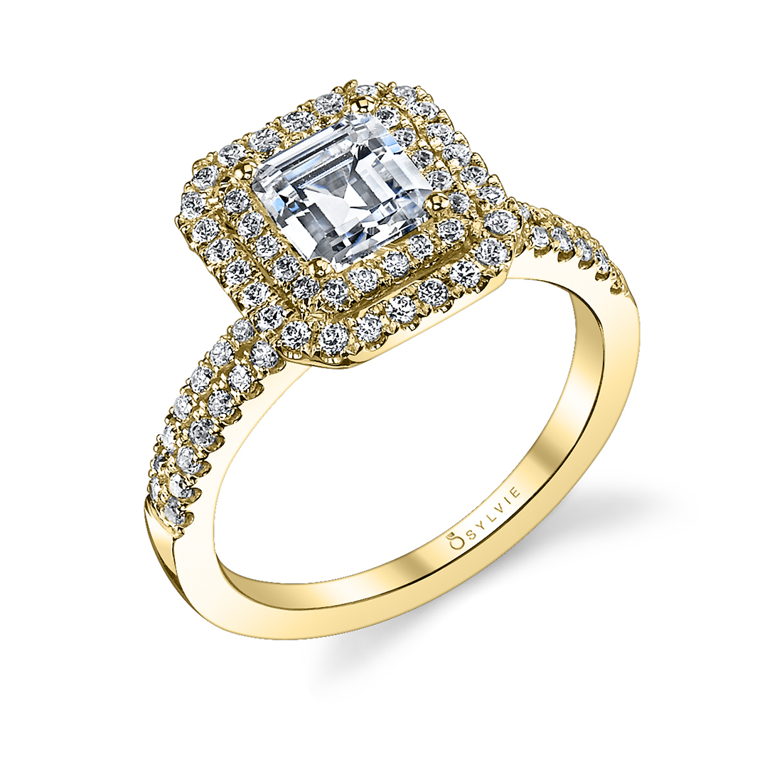 emerald cut double halo engagement ring in yellow gold
