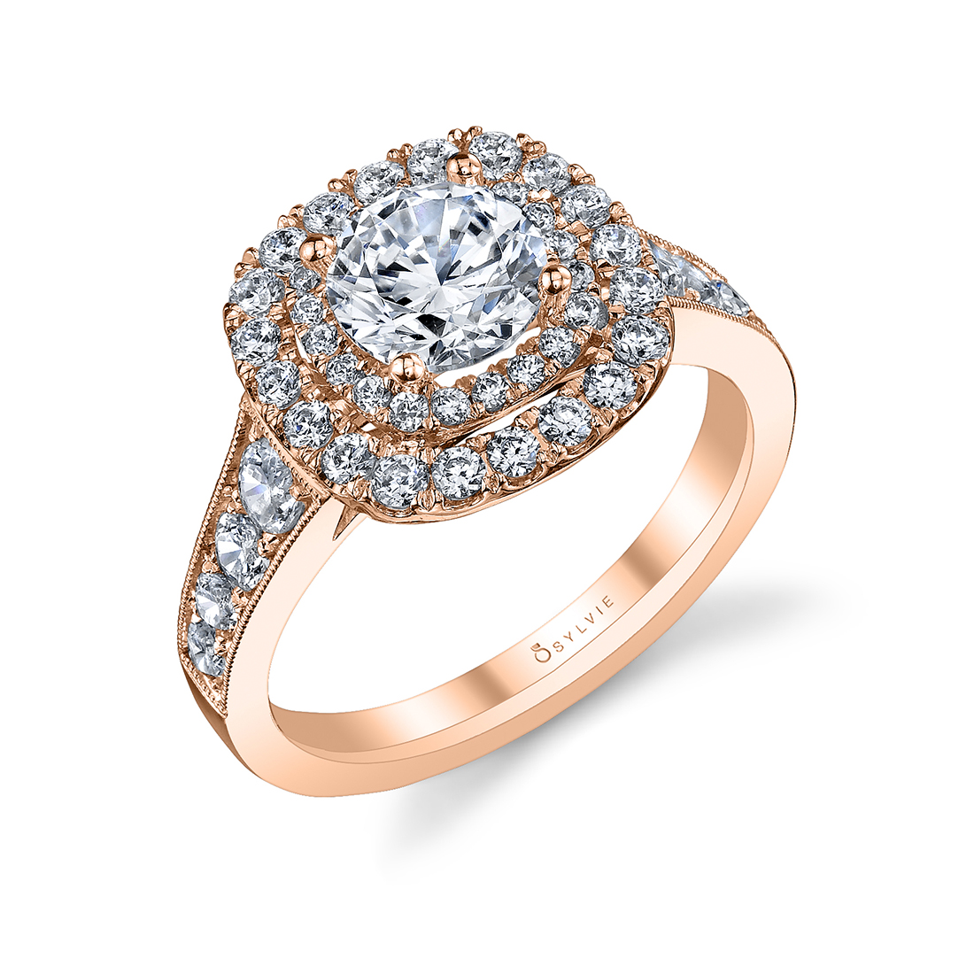 double cushion halo engagement ring in rose gold
