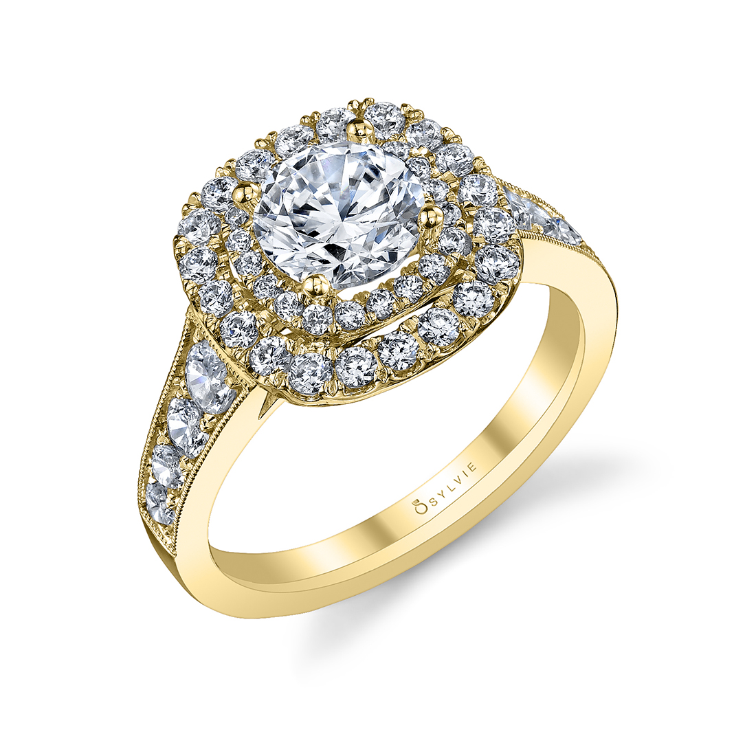 double cushion halo engagement ring in yellow gold
