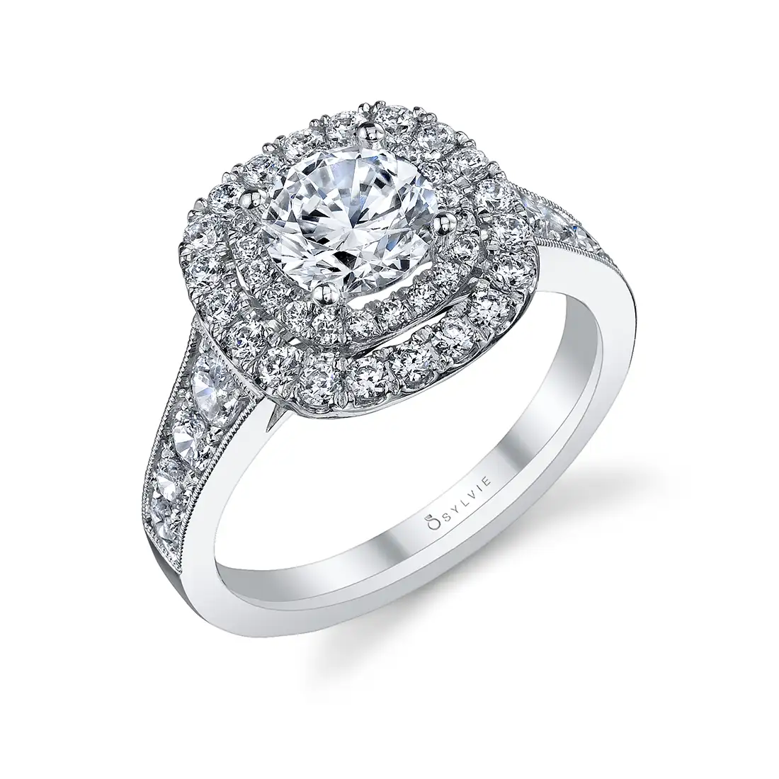 double cushion halo engagement ring in white gold