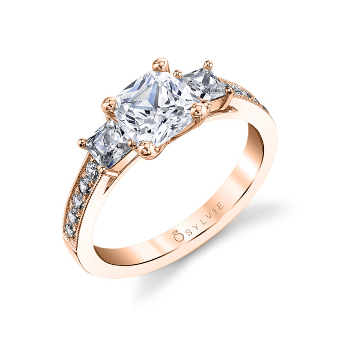 classic 3 stone engagement ring in rose gold