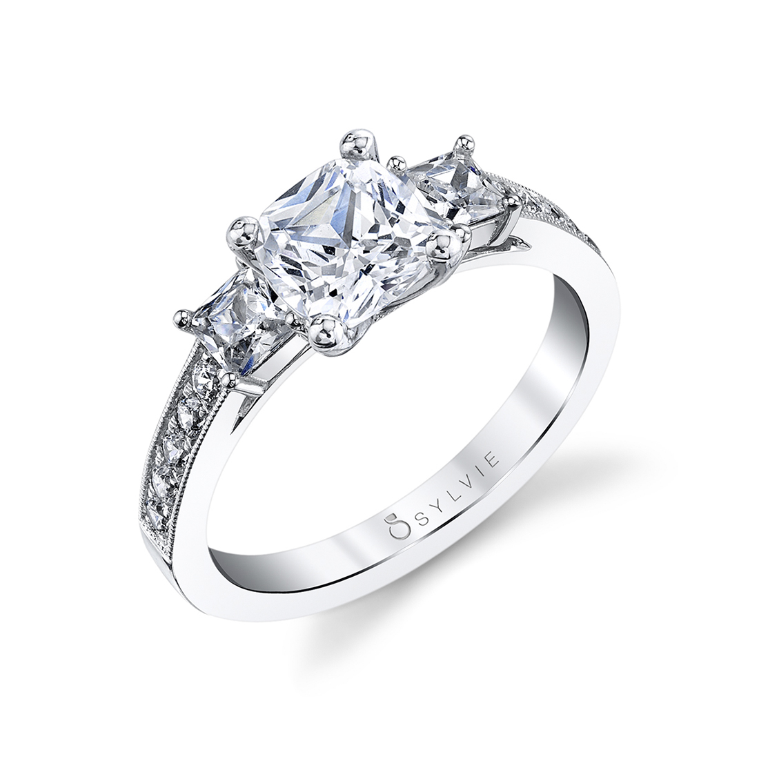 classic 3 stone engagement ring in white gold