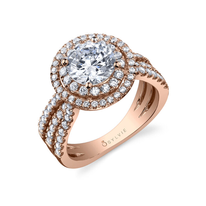 double halo engagement ring with split shank in rose gold