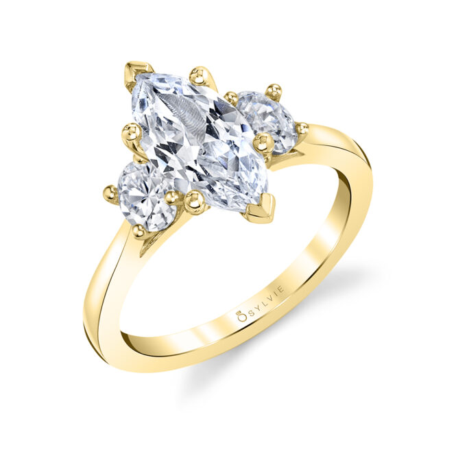 marquise engagement ring with oval side stones in yellow gold