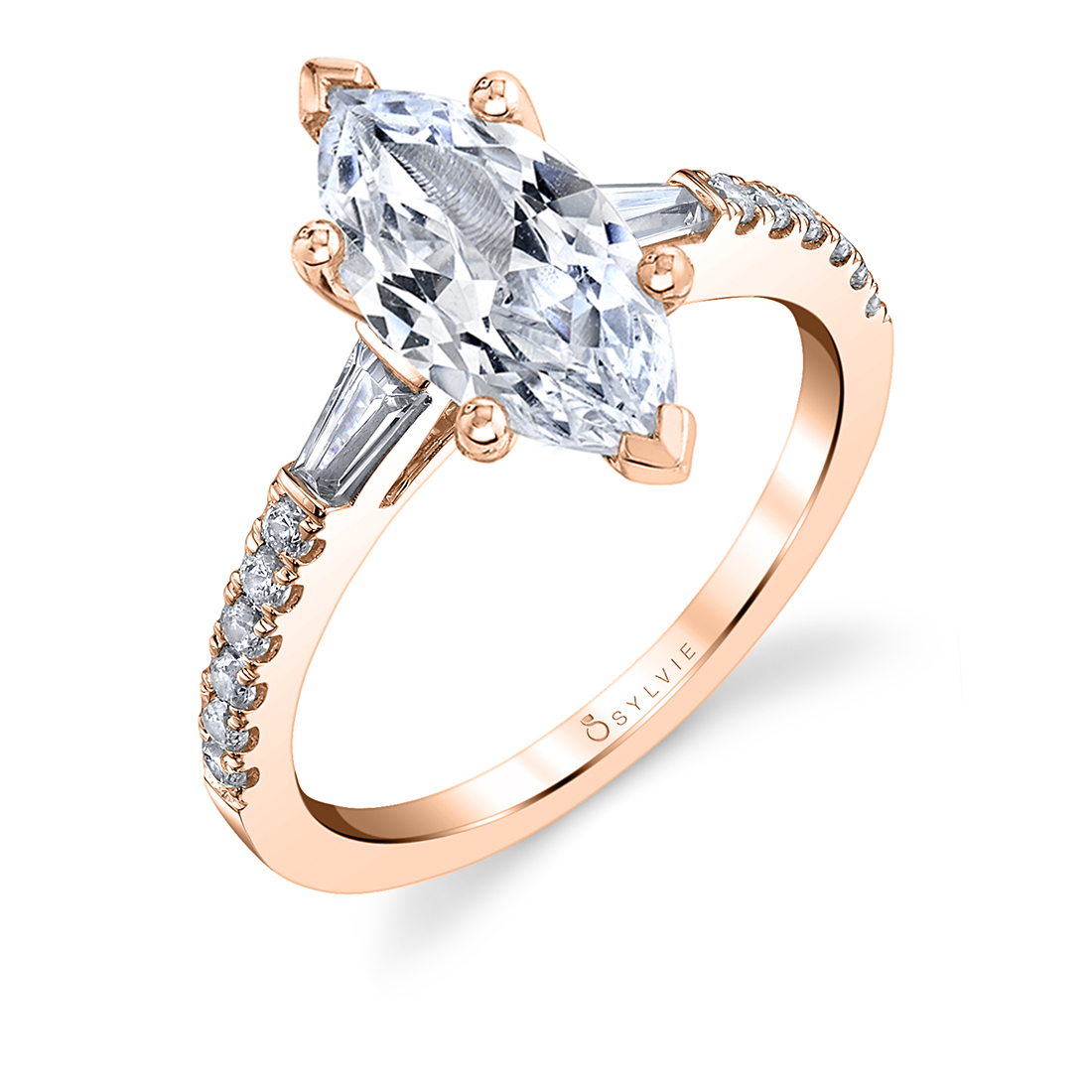 marquise engagement ring with baguettes in rose gold